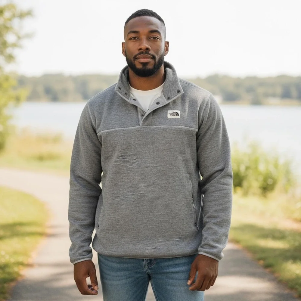 Men's The North Face Grey Fleece Pullover with Snap Button Collar XL EUC